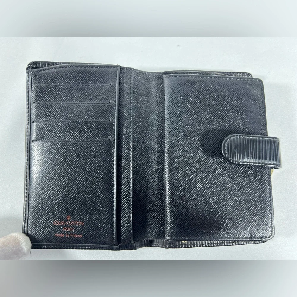 1144: Louis Vuitton Epi Black Leather French Purse Kiss Lock Wallet